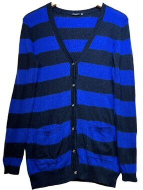 Magaschoni Women's V Neck Cashmere Cardigan Sweater Long Sleeve Sz M Blue Stripe